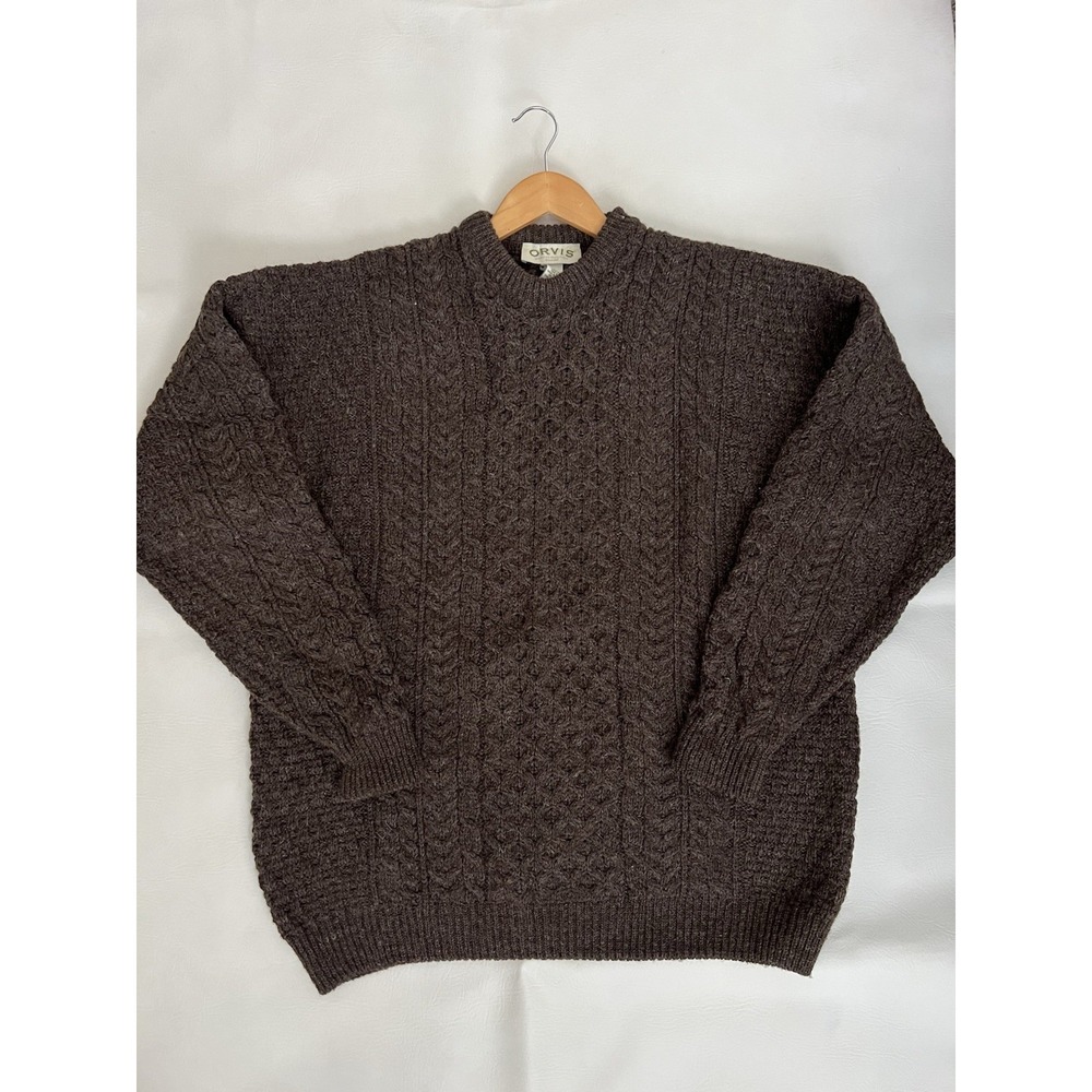 Orvis Made in Ireland 100% Pure New Wool Cable Knit Fisherman Sweater XXL Brown